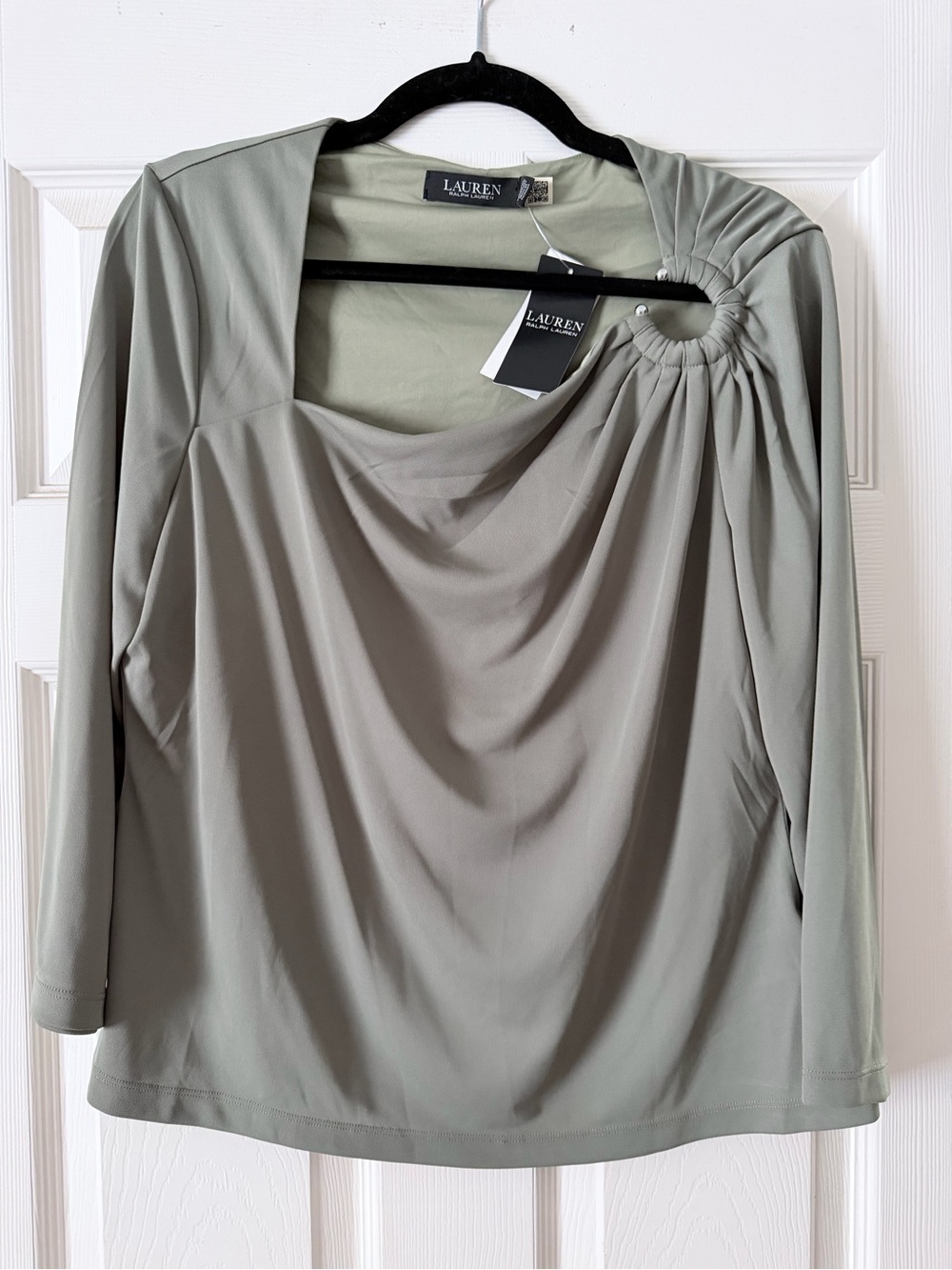 Lauren Ralph Lauren Sage Green Long-Sleeve Draped Ring-Detail Top
